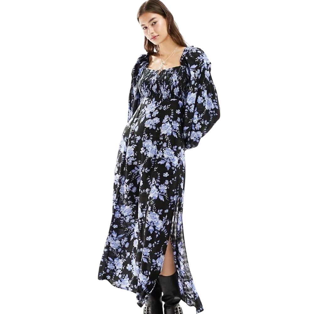 Free People $178 floral print maxi smock boho black and blue dress Size XS